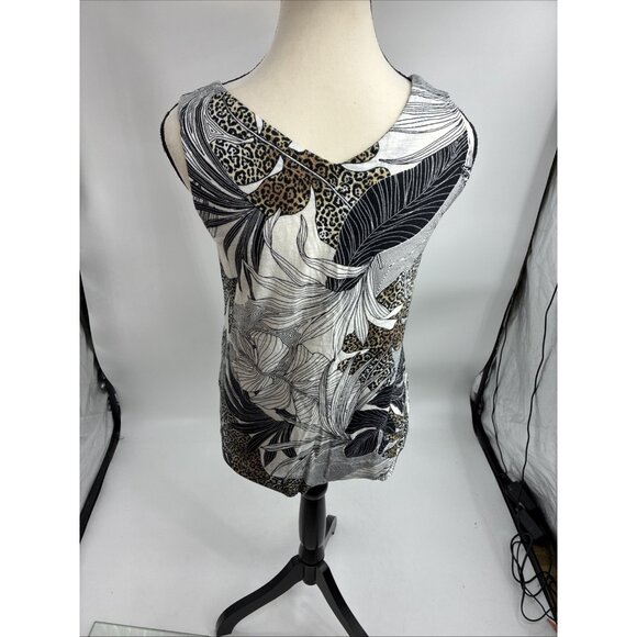 Chico's Womens Size S Sleeveless V Neck Top Leaf Animal Print Stretch Tank - Picture 4 of 6